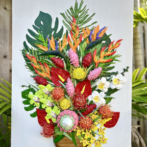 Courtney Ching, "Vivid 3D Tropical Arrangement" Acrylic on Wood Panel, 36 x 24 x 4 in.