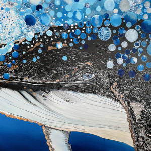 Kary Clark, "Koholā Naʻauao (Humpback Wisdom)" Acrylic and Markers on Canvas, 48 x 60 in.
