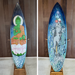 Kary Clark, "Zen Within", (front and back shown) Acrylic on Surfboard, 81 x 18 in.