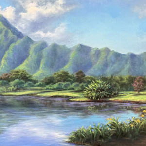 Kelley Fitzgerald, "Hoʻomaluhia Reservoir", Oil Painting, 12 x 24 in. Award: Honorable Mention