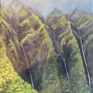 Karen Jewell, "Driving Up H3 (On a Rainy Morning)", Oil on Canvas, 16 x 12 in.