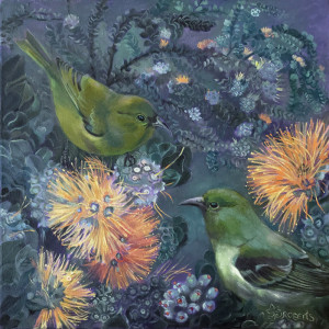 Wendy Roberts, "ʻAmakihi with Orange ʻŌhia", Oil on Canvas, 16 x 16 in.