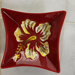 Jean Williams, "Red Bowl with Hibiscus", Fused Glass, 12 x 12 x 4.5 in.